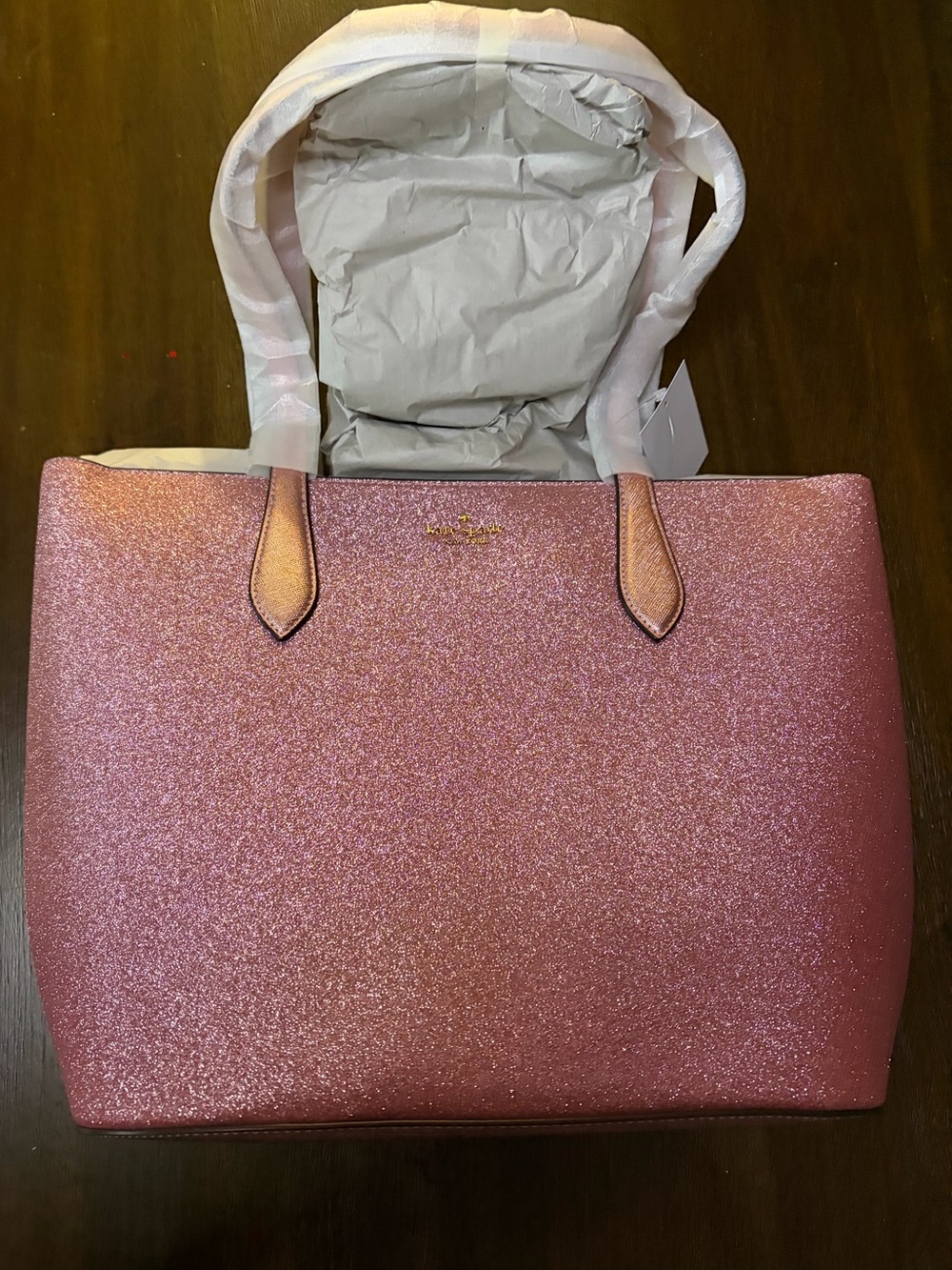 New With Tags Kate Spade Glimmer Tote in Mitten Pin Pink Glitter with Gold Logo